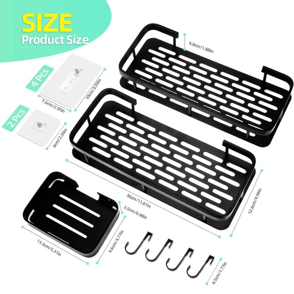 New 3-Pack Bathroom/Kitchen Shelves with Hooks, No Drilling, Large Storage/Black - Picture 6 of 12